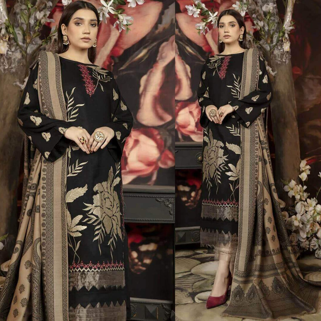 Dhanak 3PC Embroidered Suit with Digital Printed Wool Shawl – RC3124