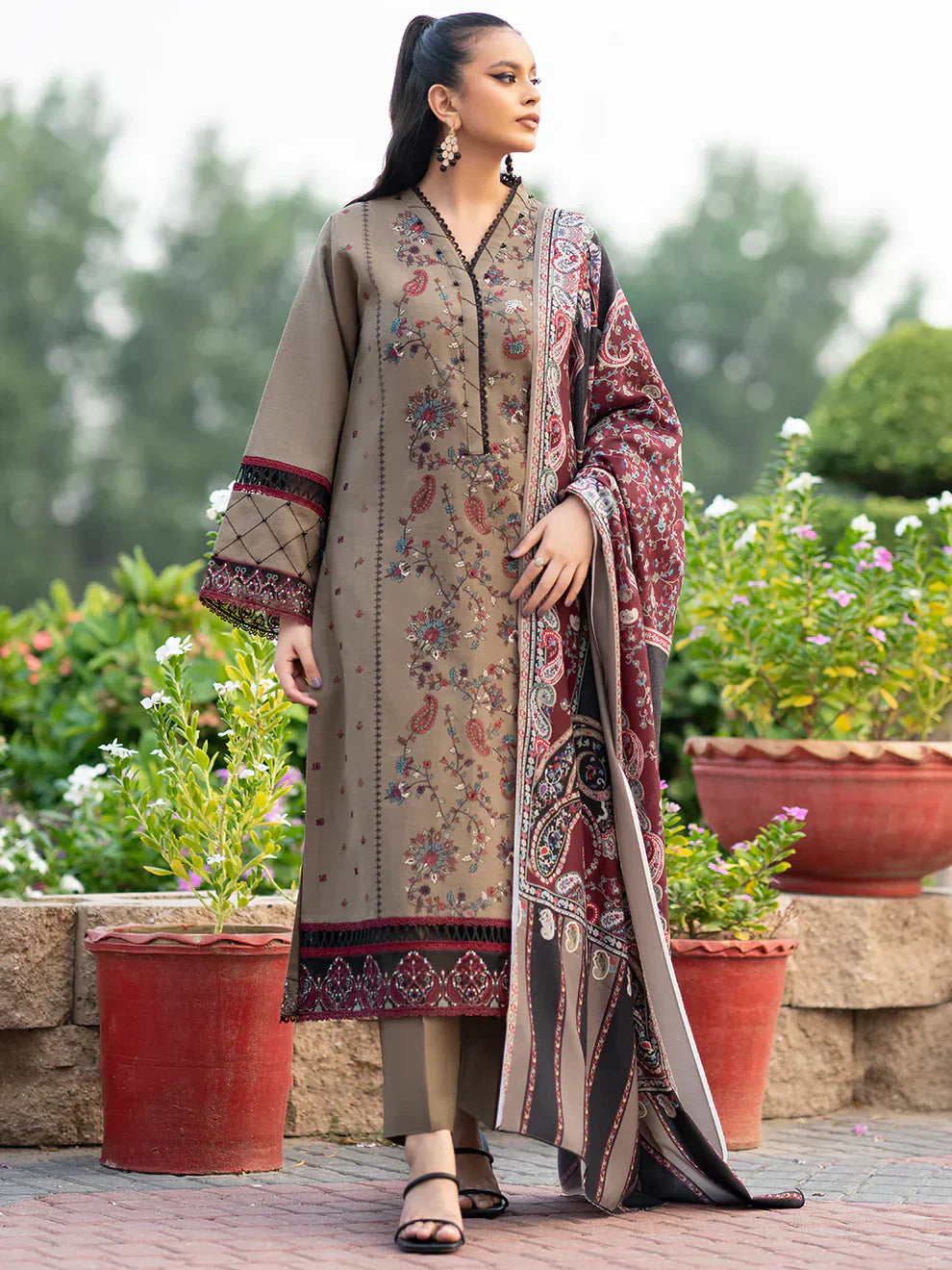 Dhanak 3PC Embroidered Shirt with Printed Wool Shawl – ZC254