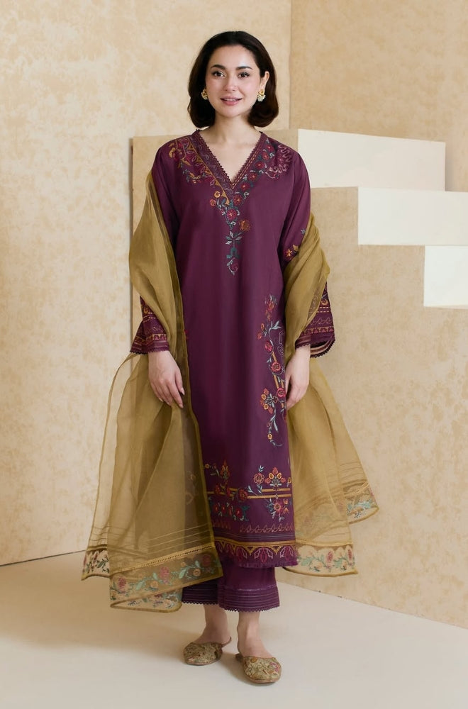 Dhanak 3PC Embroidered Shirt with Organza Embroidered Dupatta – ZC3343