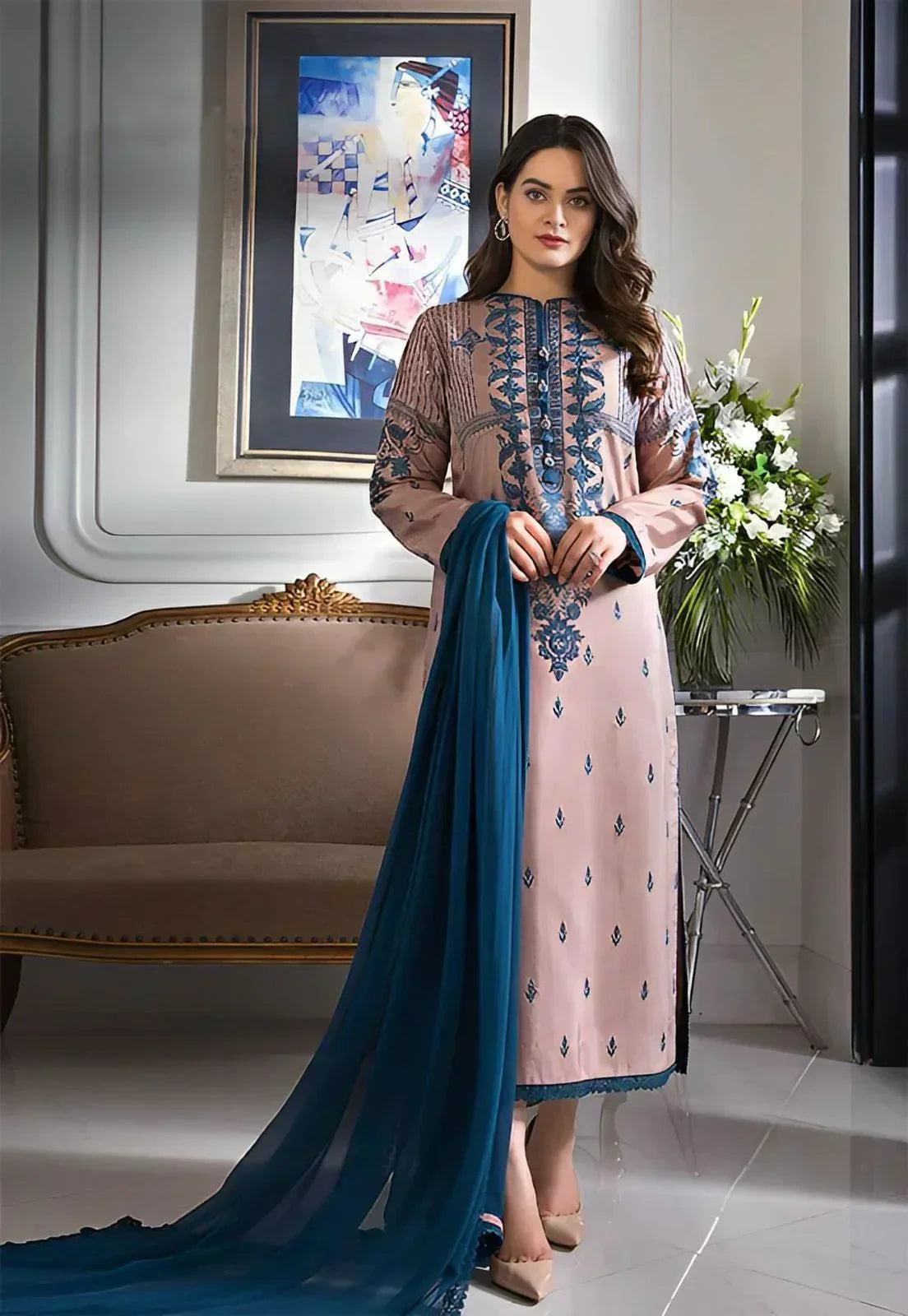 Dhanak 3PC Embroidered Shirt with Chiffon Dupatta – ZC142