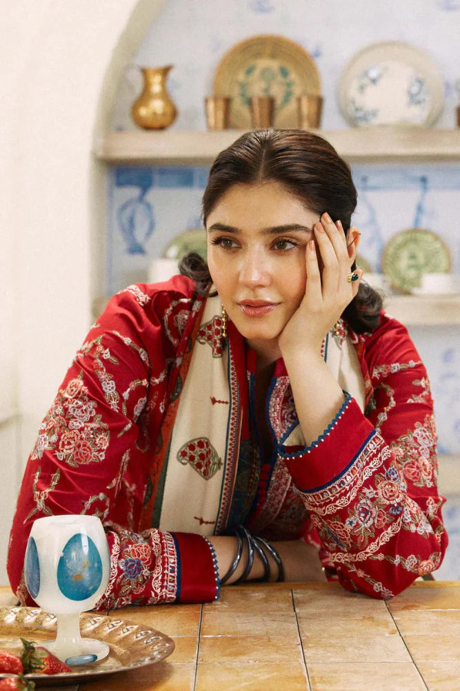 Dhanak-3PC Embroidered Shirt with Digital Printed Wool Shawl - ss659