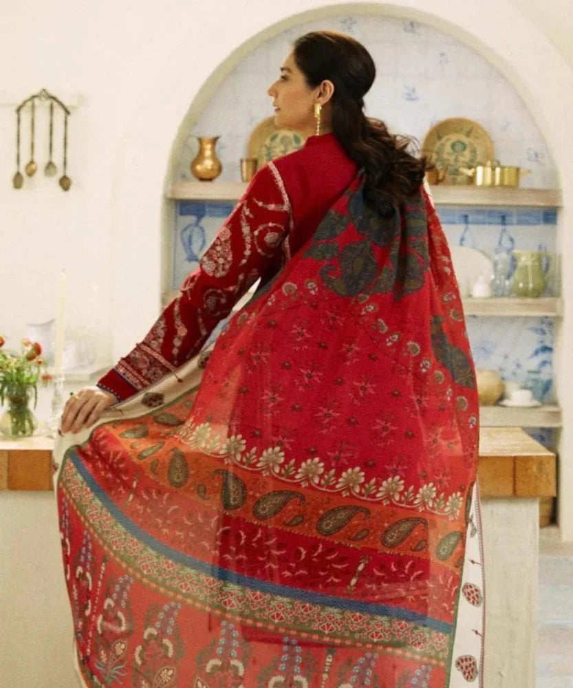 Dhanak-3PC Embroidered Shirt with Digital Printed Wool Shawl - ss659