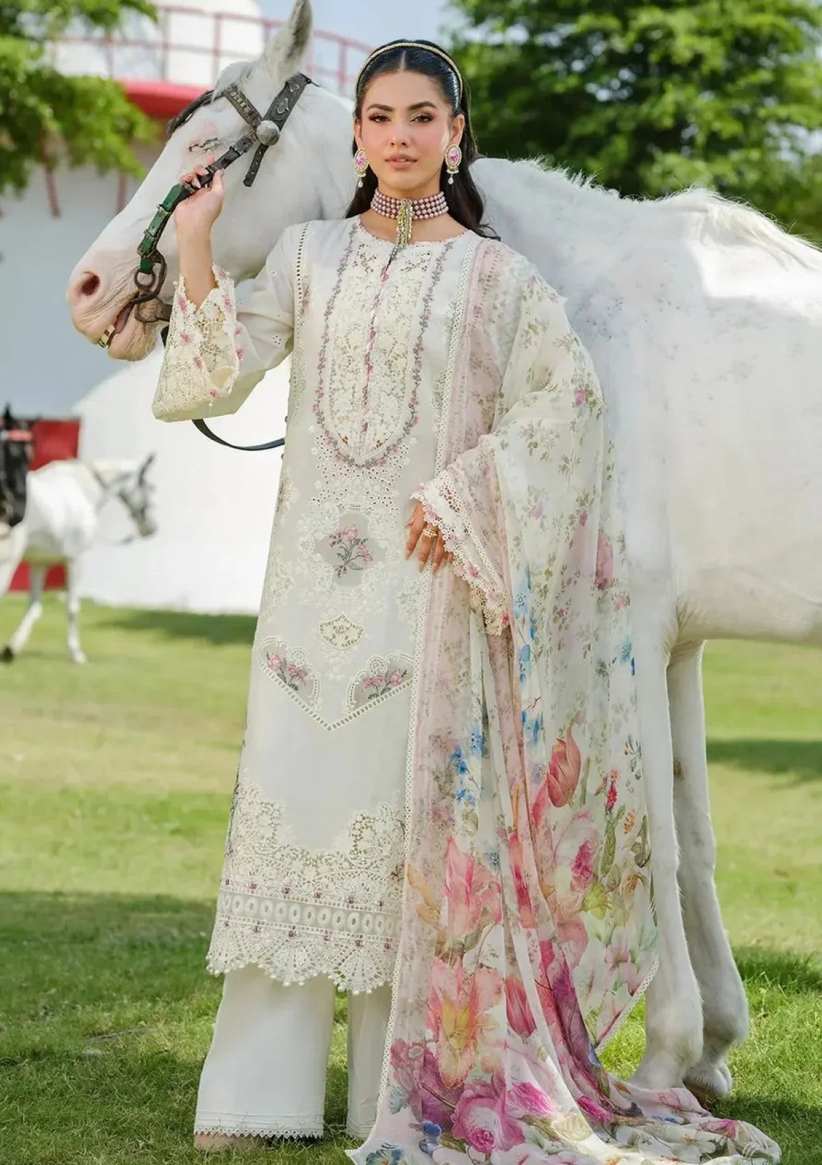 Lawn-3PC Chikankari Embroidered With Digital Printed Jacquard Dupatta-SS5202