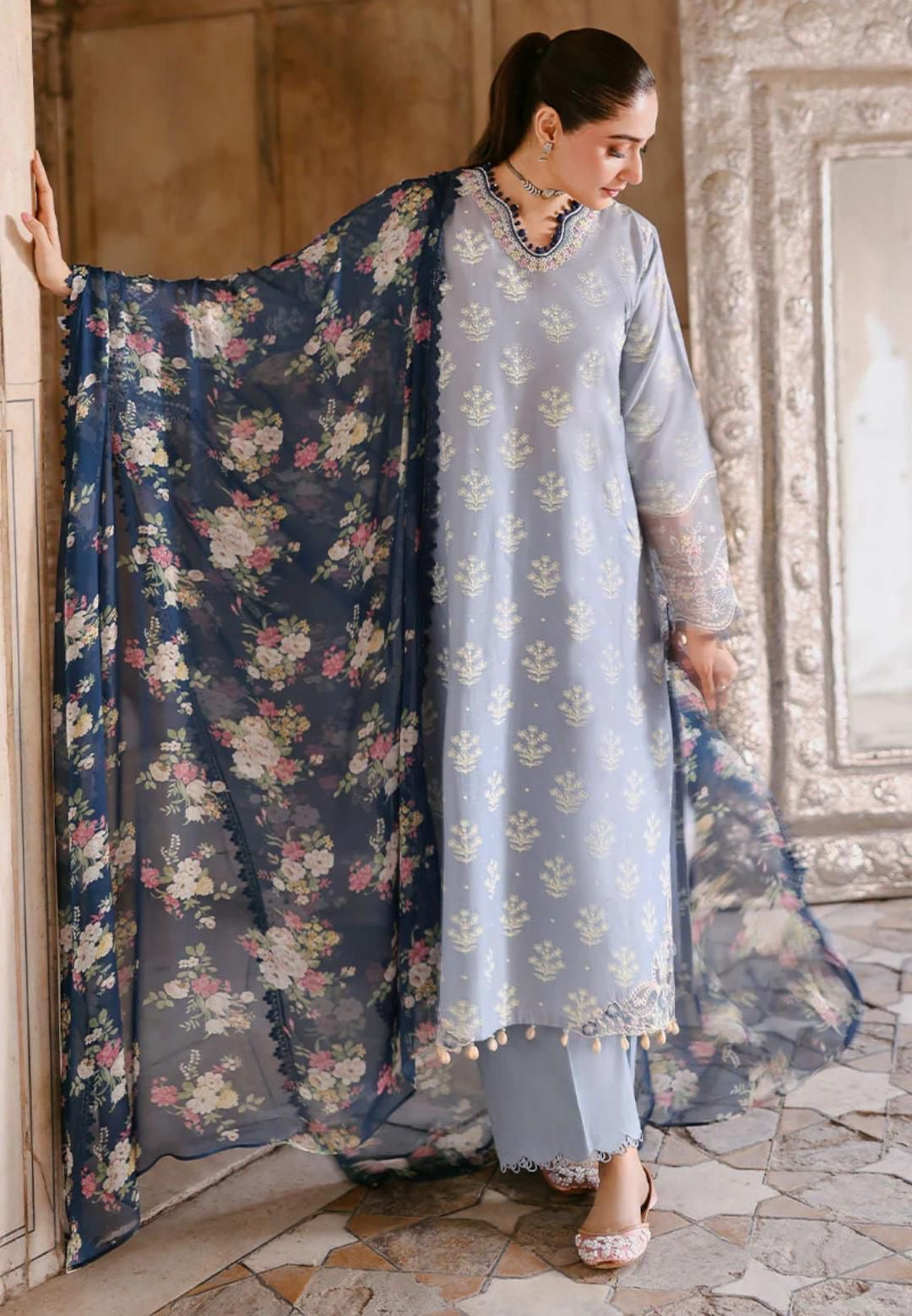 Cross Stitch Lawn 3pc Unstitched Embroidered with Printed Silk Dupatta PND114