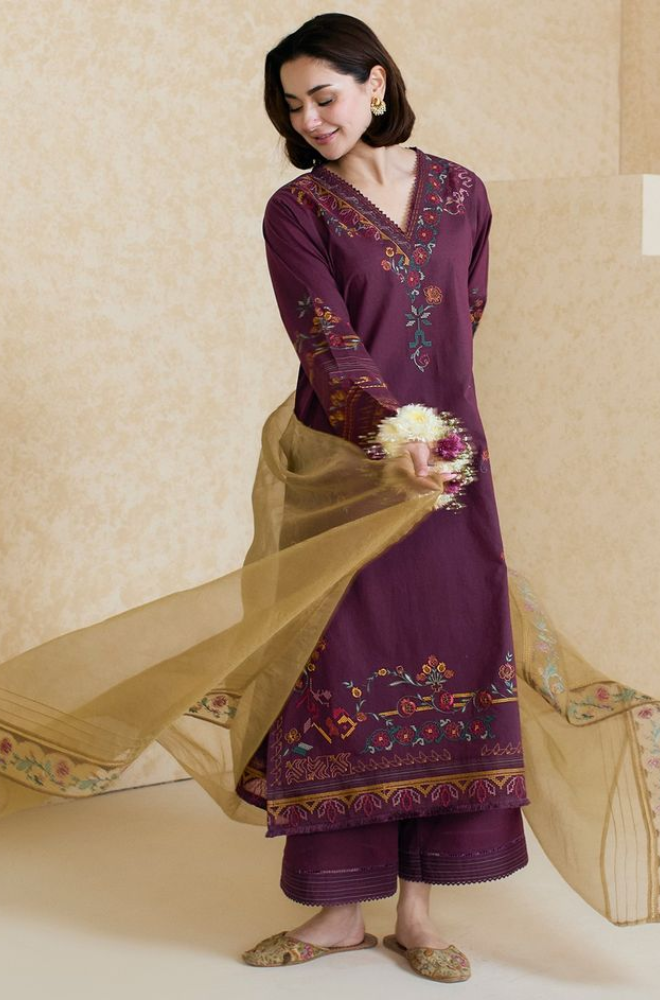 Dhanak 3PC Embroidered Shirt with Organza Embroidered Dupatta – ZC3343