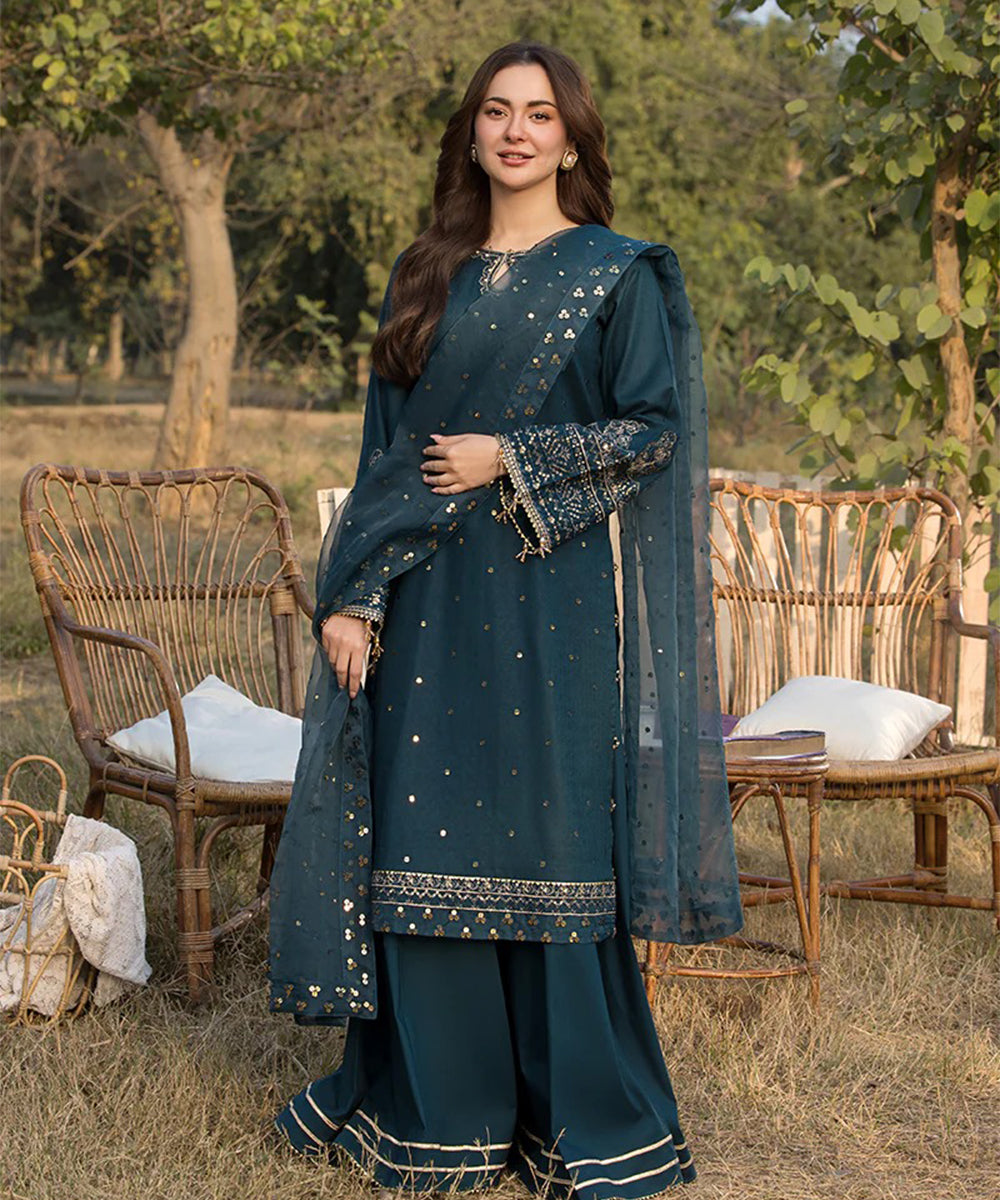 Dhanak 3PC Embroidered Shirt with Organza Embroidered Dupatta – ZC3392