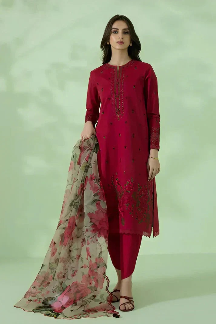 Dhanak 3PC Embroidered Shirt with Organza Digital Printed Dupatta – ZC3146