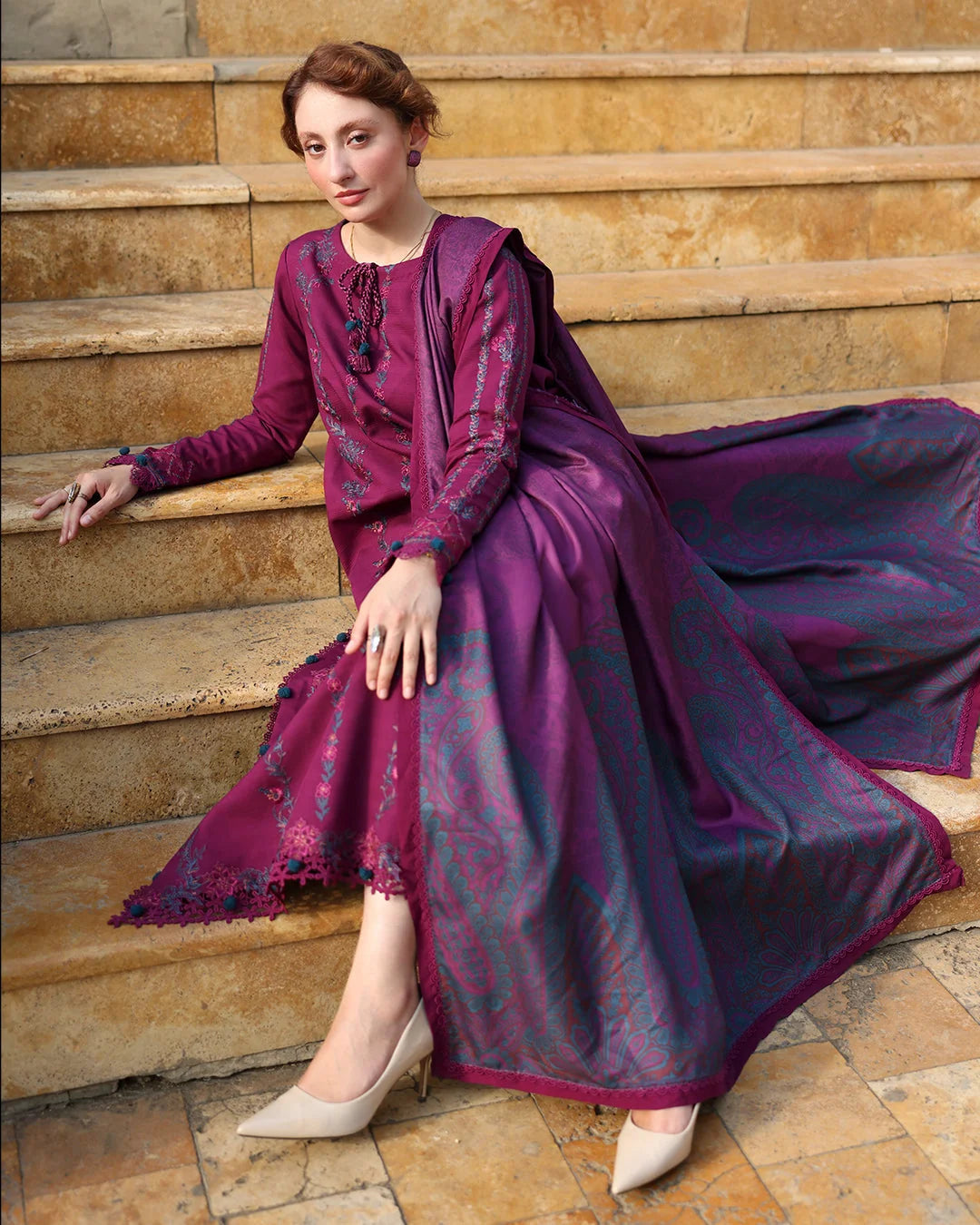 Dhanak-3PC Embroidered Shirt with Digital Printed Wool Shawl - ss6043