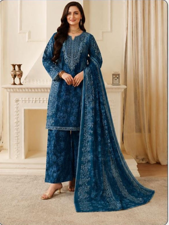 MOHAGNI Lawn 3pc Unstitched Embroidered with Chiffon Dupatta PND113