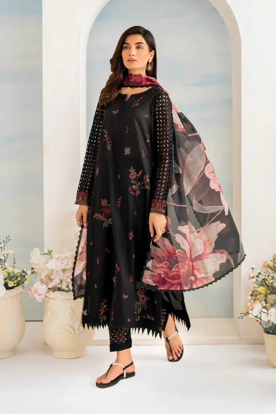 Dhanak-3PC Embroidered Shirt with Digital Printed Wool Shawl - ss6074