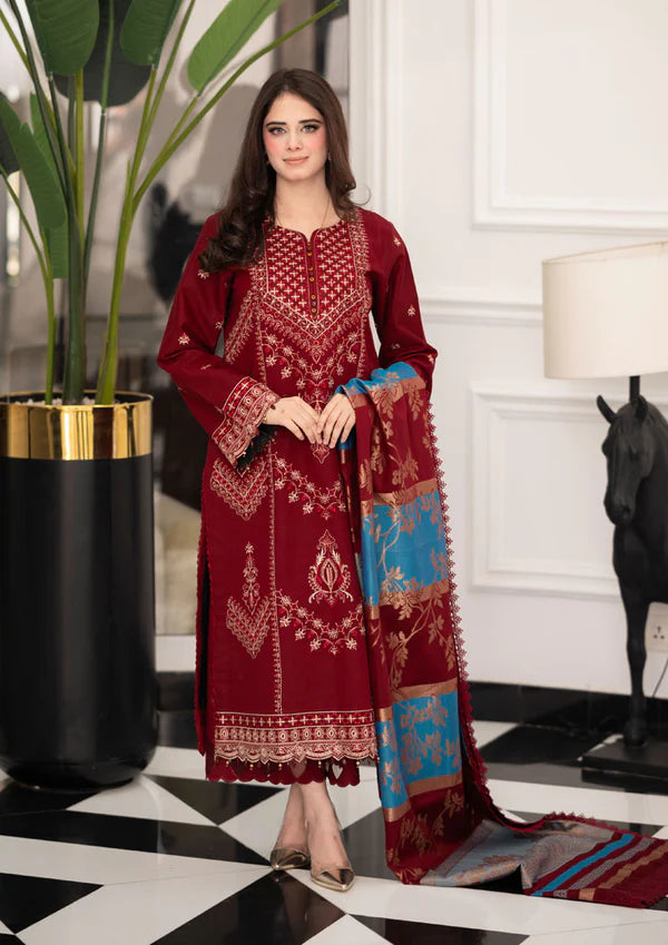 Dhanak-3PC Embroidered Shirt with Digital Printed Wool Shawl - 3527