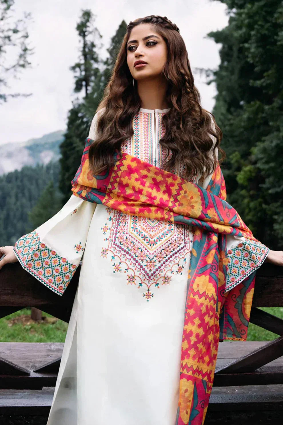 Sapphire Dhanak 3PC Embroidered Shirt with Printed Wool Shawl – ZC255