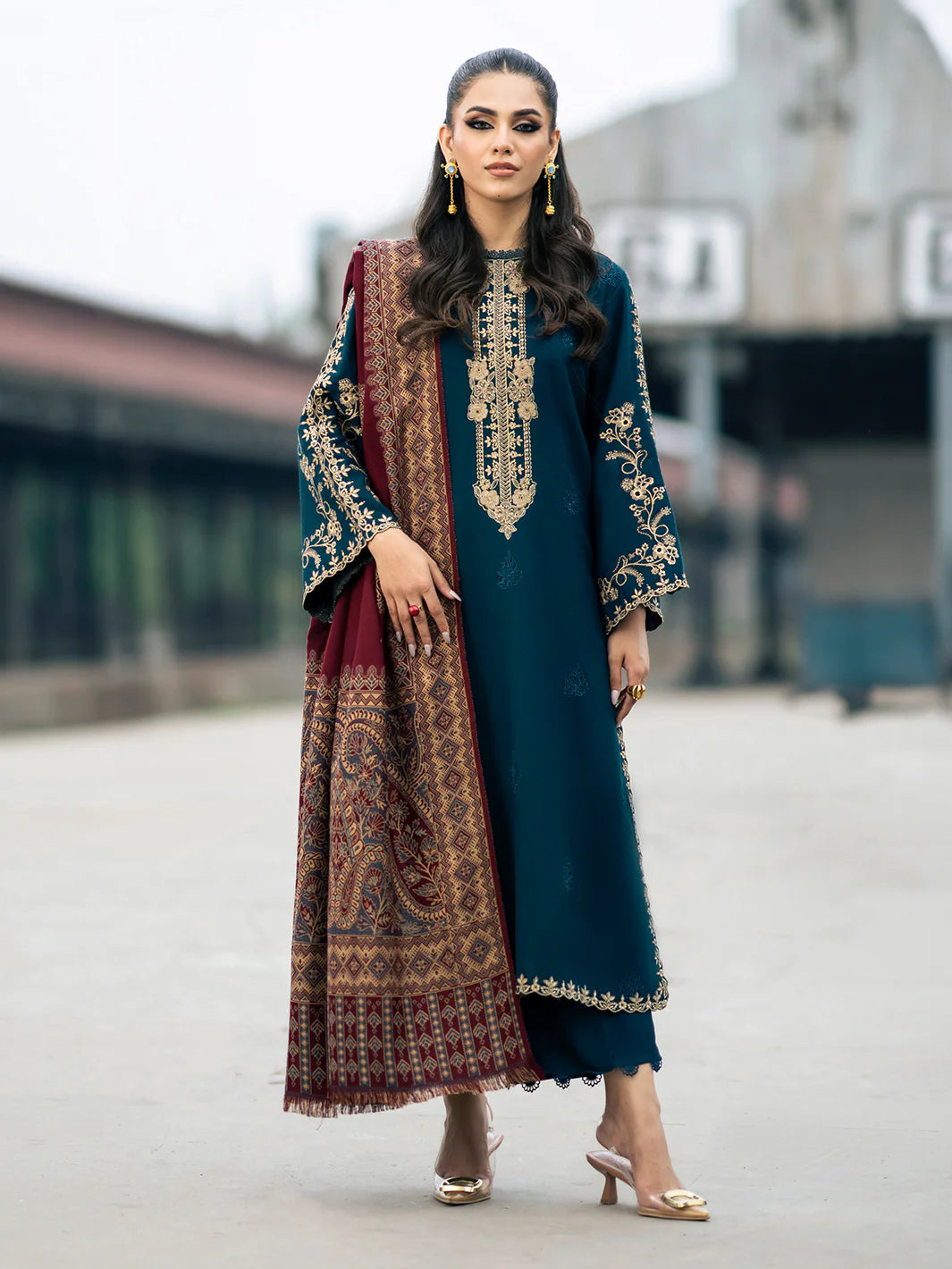 Dhanak-3PC Embroidered Shirt with Digital Printed Wool Shawl -262