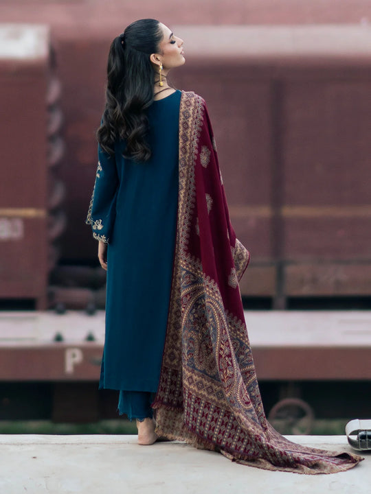 Dhanak-3PC Embroidered Shirt with Digital Printed Wool Shawl -262