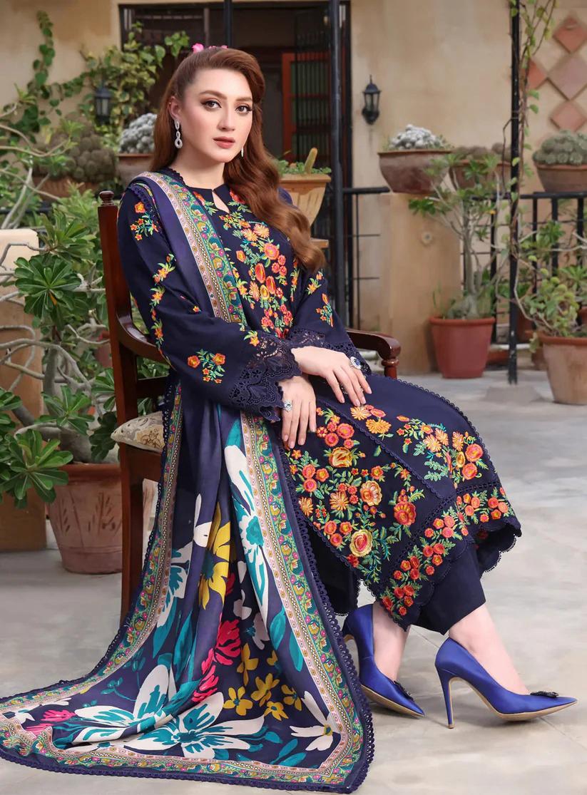 Dhanak-3PC Embroidered Shirt with Digital Printed Wool Shawl - FS3098