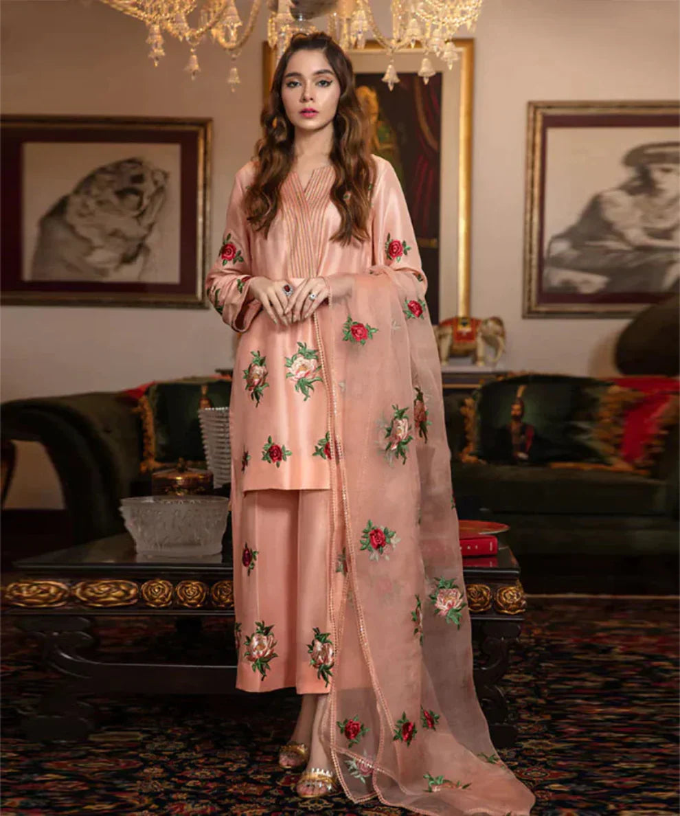 Silk 3PC Embroidered Shirt with Organza Embroidered Dupatta – ZC1314