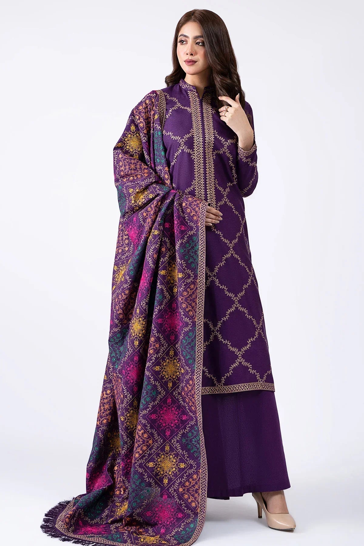 Kayseria Dhanak 3PC Embroidered Suit with Embroidered Dhanak Shawl – ZC102