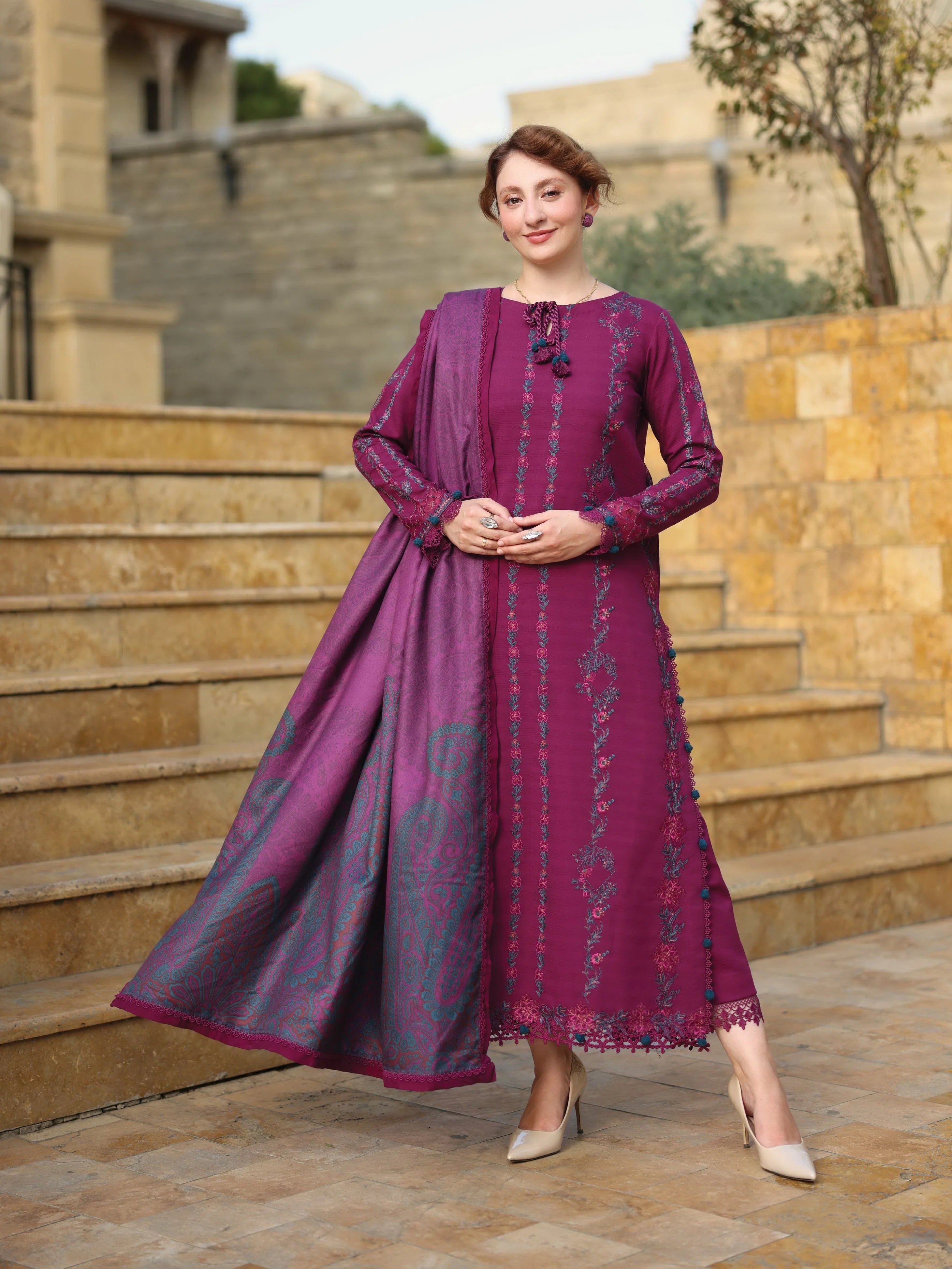 Dhanak-3PC Embroidered Shirt with Digital Printed Wool Shawl - ss6043