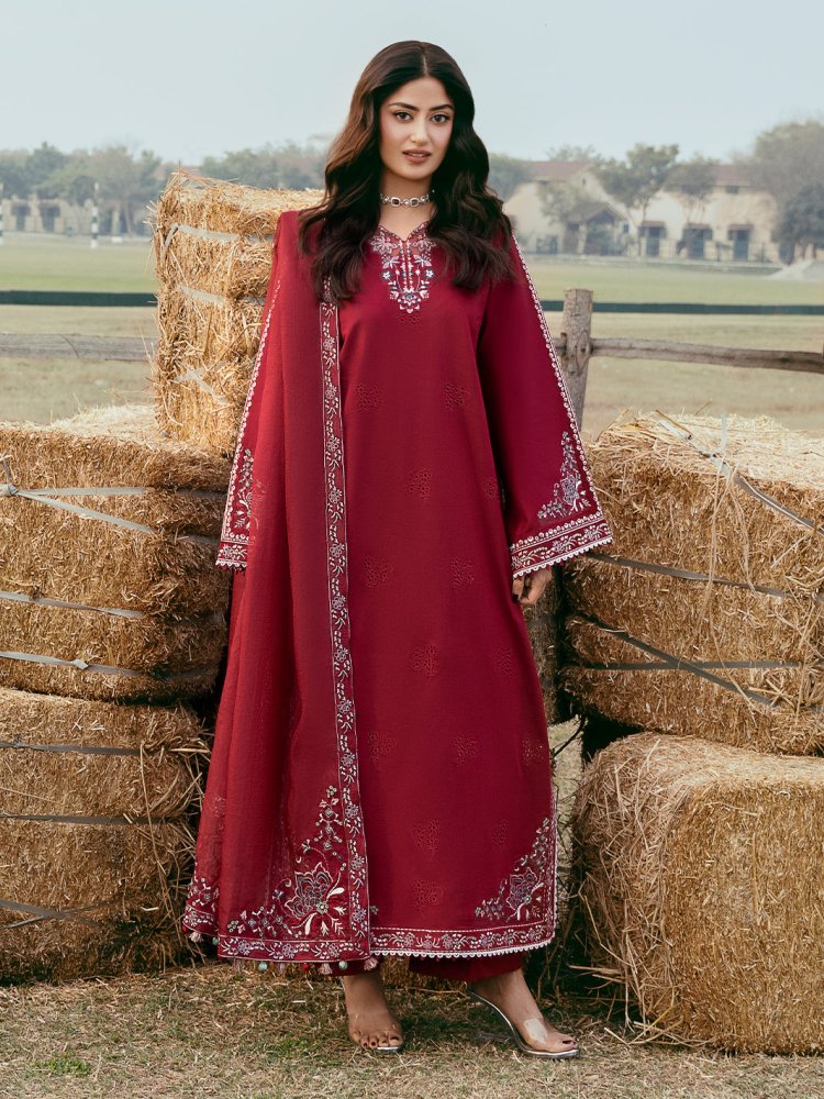 Lawn-3PC Chikankari Embroidered Shirt With Khadi Net Embroidered Dupatta-SS5268