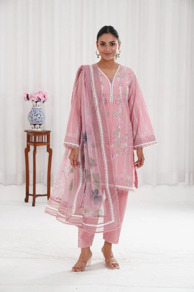 Lawn-3PC Chikankari Embroidered With Digital Printed Jacquard Dupatta-SS5159