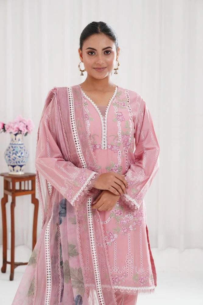 Lawn-3PC Chikankari Embroidered With Digital Printed Jacquard Dupatta-SS5159