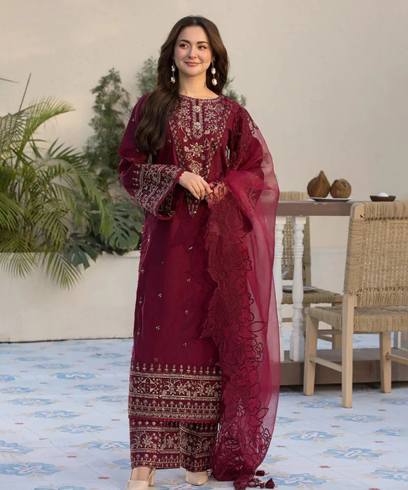 Lawn-3PC Embroidered Shirt with Organza Embroidered Dupatta- SS5065